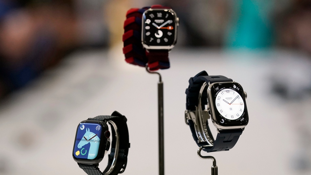Apple Watches are displayed during an announcement of new products on the Apple campus Tuesday, Sept. 12, 2023, in Cupertino, Calif. (AP Photo/Jeff Chiu)