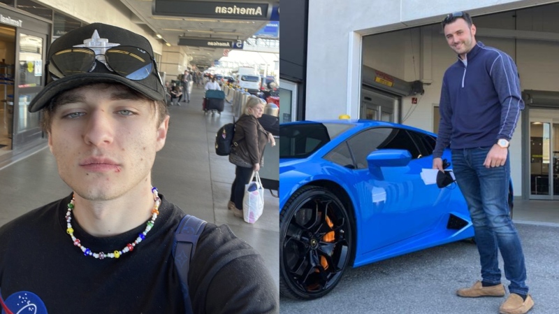 Aiden Pleterski posts a photo travelling in November (left) and Ryan Rumble poses next to a Lamborghini in an undated photo (right).