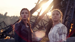 This image released by Marvel Studios shows Scarlett Johansson, left, and Florence Pugh in a scene from "Black Widow." (Marvel Studios-Disney via AP) 
