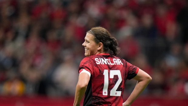Canada's Christine Sinclair smiles during the first half of an international friendly soccer match against Australia, in Vancouver, on Tuesday, December 5, 2023. THE CANADIAN PRESS/Darryl Dyck