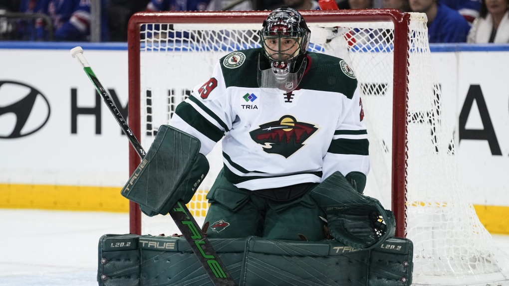 Minnesota Wild goaltender Marc-Andre Fleury protects his net during the first period of an NHL hockey game against the New York Rangers, Thursday, Nov. 9, 2023, in New York. (AP Photo/Frank Franklin II)