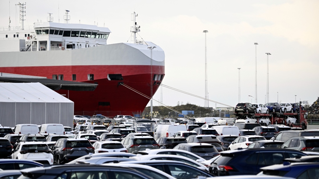 A ship is moored at the port of Malmo as port workers block the loading of vehicles from Tesla, in Malmo, Sweden, on Nov. 7, 2023. (Johan Nilsson/TT News Agency via AP, File)