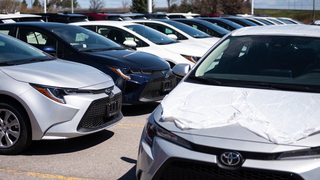 New Toyota cars for sale are seen at an auto mall in Ottawa, on Monday, April 26, 2021. THE CANADIAN PRESS/Justin Tang