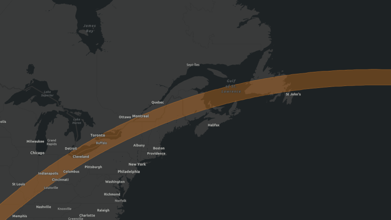 A map showing the April 2024 solar eclipse that will be seen in parts of the Maritimes, Newfoundland and Labrador, Quebec, Ontario, and parts of the United States and Mexico.